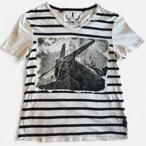 i JEANS BY BUFFALO Unisex S T-Shirt V-Neck Cotton Striped Black and White